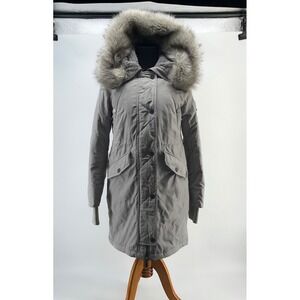 BCBGMAXAZRIA Faux Fur Hooded Parka Coat Military Style Gray Warm Winter XS‎